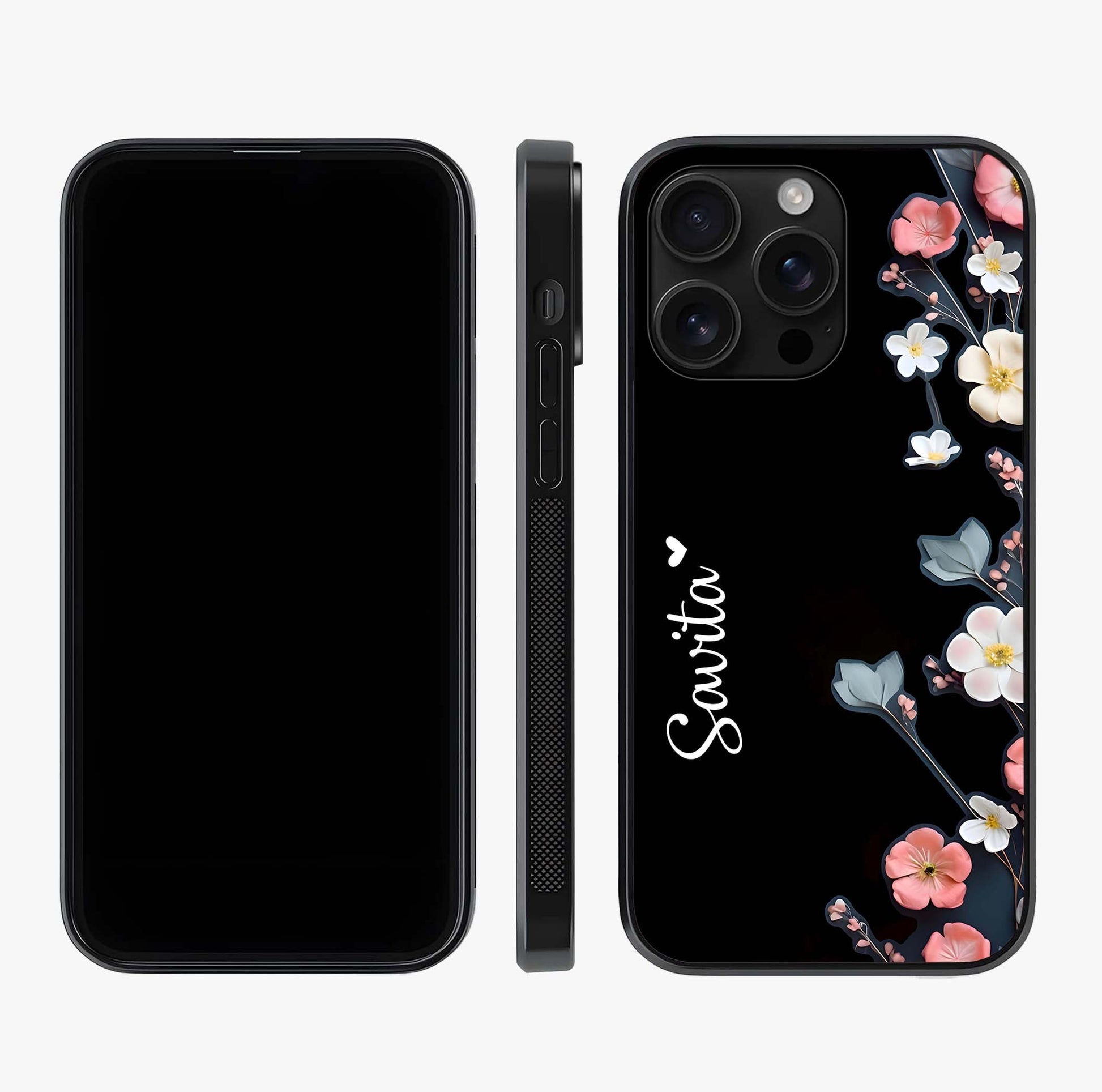 Black Elegance Floral Custom Name Glass Case displayed upright for full design visibility and premium finish.