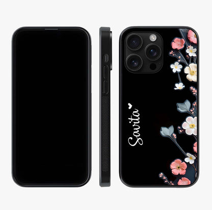 Black Elegance Floral Custom Name Glass Case displayed upright for full design visibility and premium finish.
