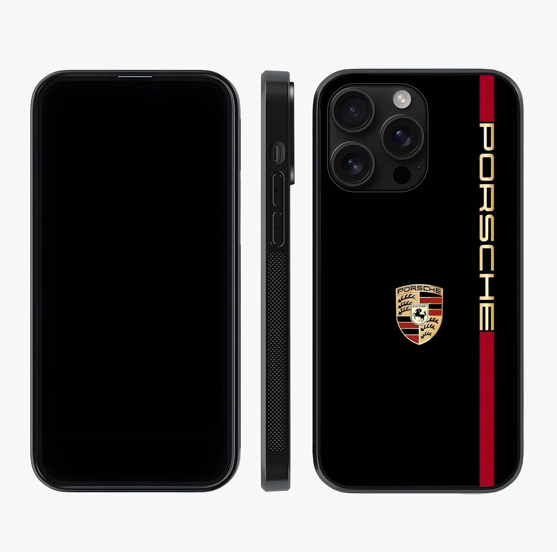 Black Minimal Porsche Glass Case displayed upright for full design visibility and premium finish.