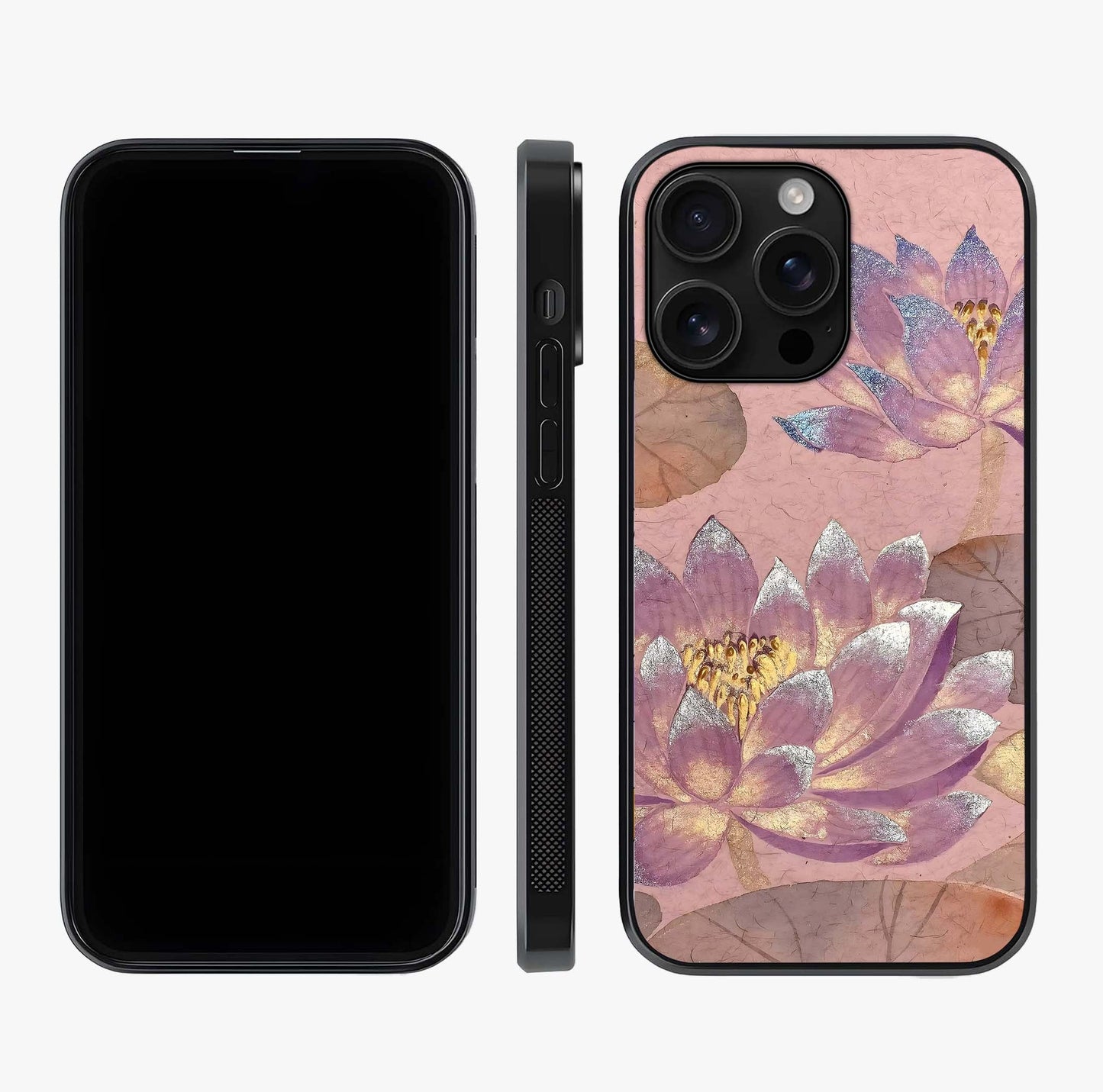 Blossom Mist Lotus Glass Case displayed upright for full design visibility and premium finish.