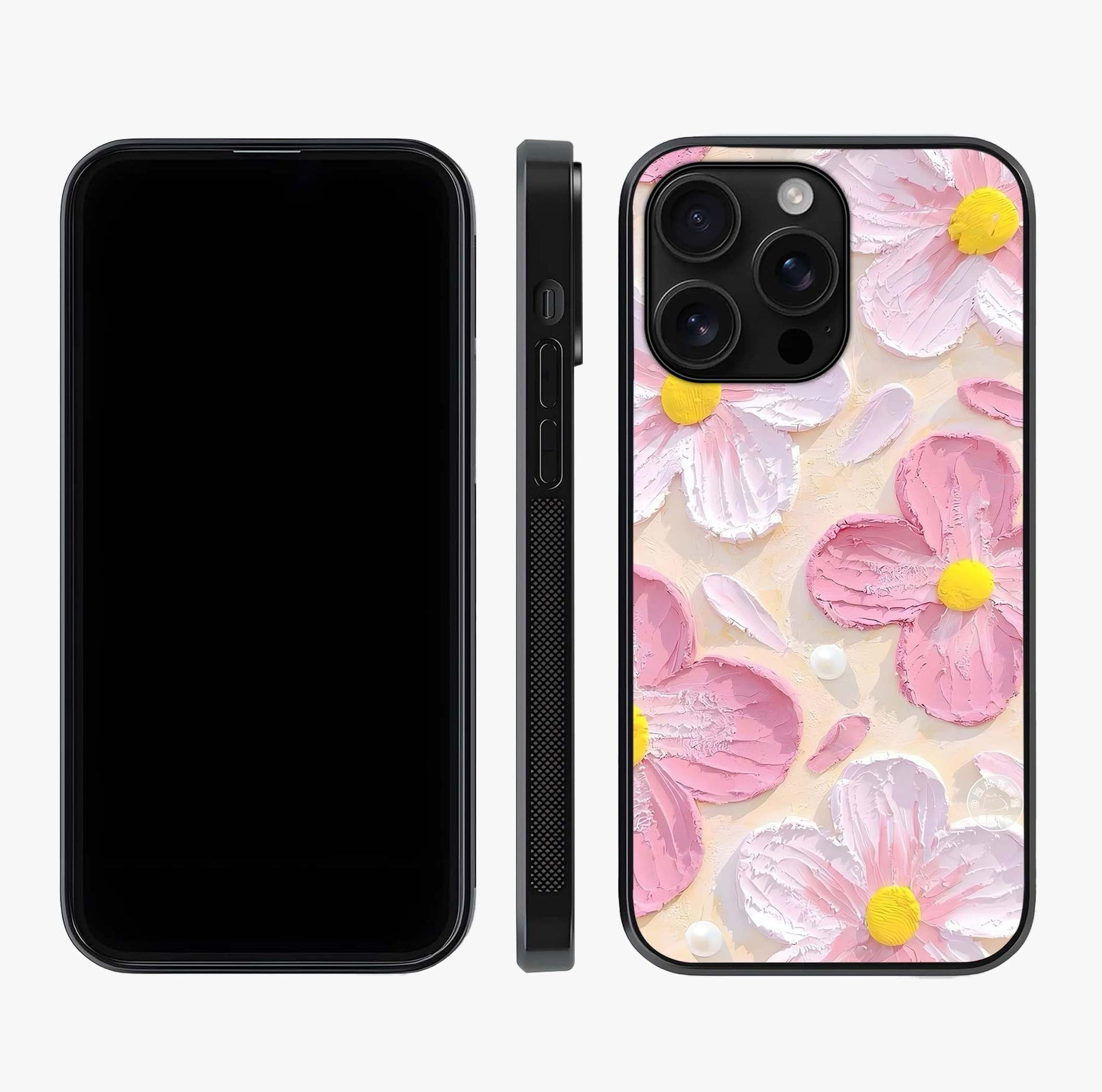 Blush Bloom Texture Glass Case displayed upright for full design visibility and premium finish.