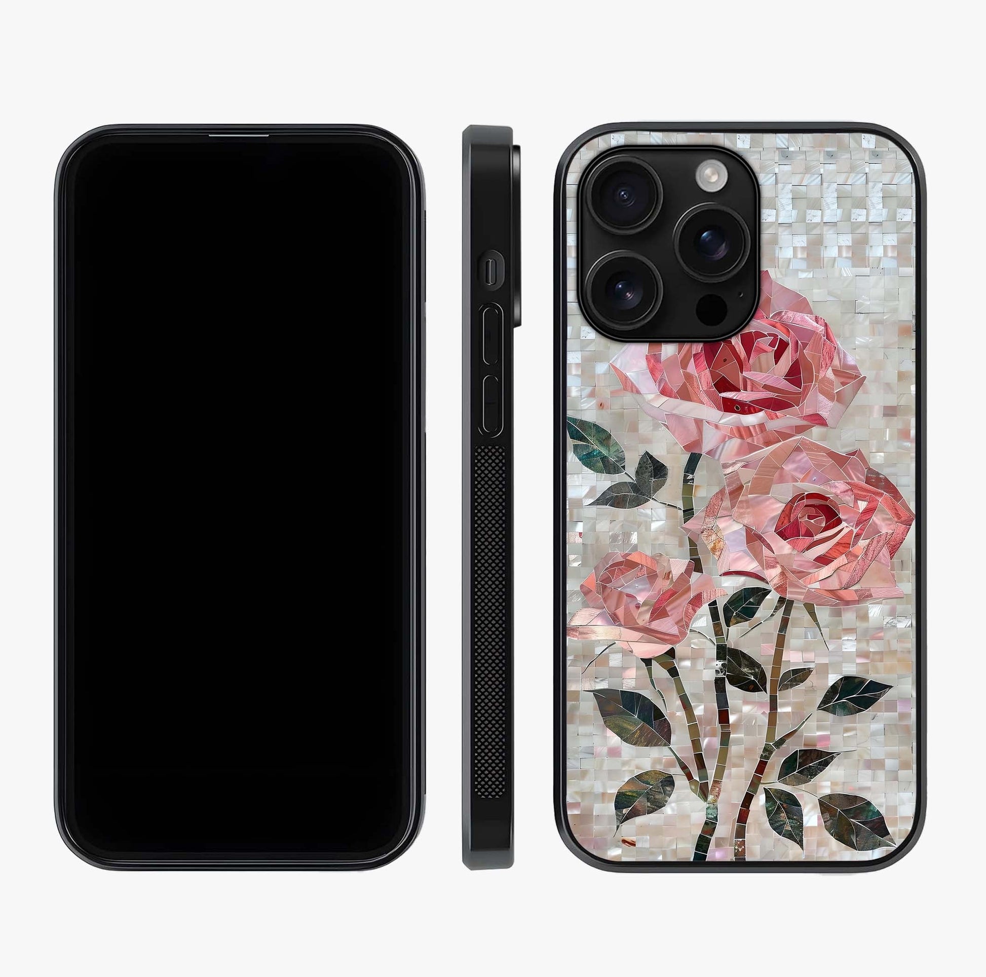 Blush Mosaic Bloom Glass Case displayed upright for full design visibility and premium finish.
