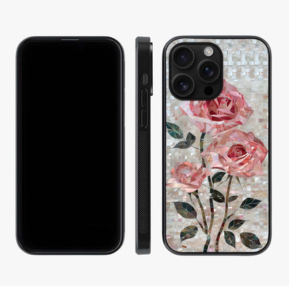 Blush Mosaic Bloom Glass Case displayed upright for full design visibility and premium finish.