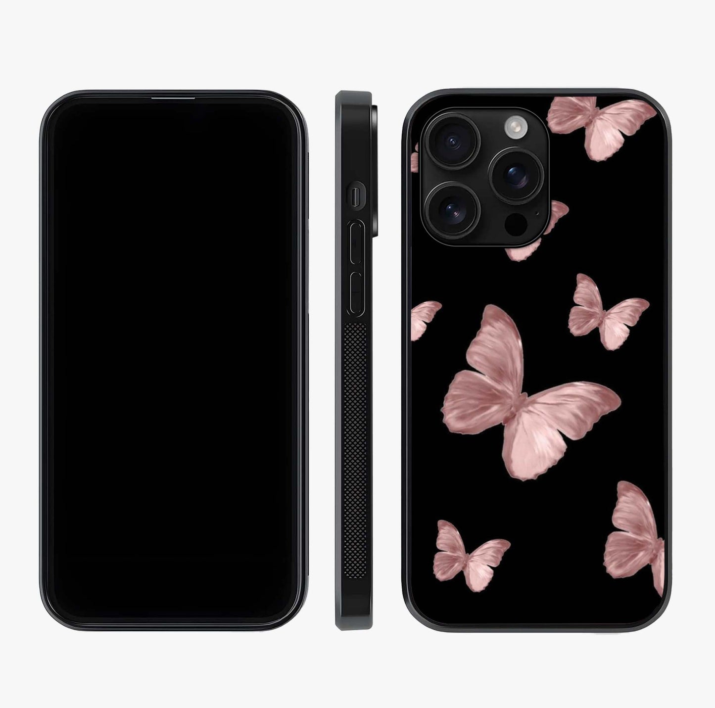 Butterfly Pattern Glass Case displayed upright for full design visibility and premium finish.