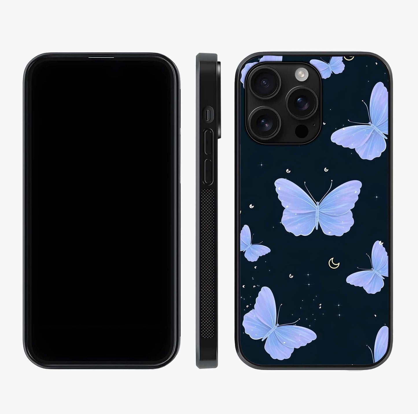 Butterfly With Stars Pattern Glass Case displayed upright for full design visibility and premium finish.