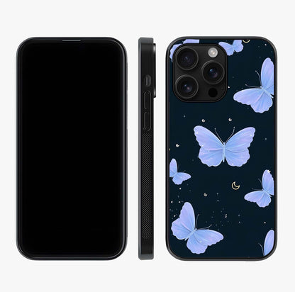 Butterfly With Stars Pattern Glass Case displayed upright for full design visibility and premium finish.