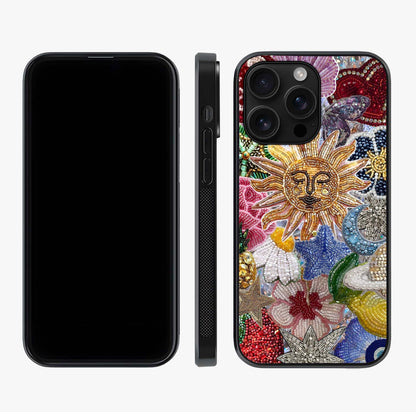 Celestial Floral And Playful Glass Case displayed upright for full design visibility and premium finish.