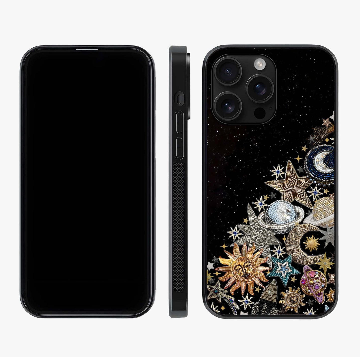 Cosmic Sparkle Dreams Glass Case displayed upright for full design visibility and premium finish.