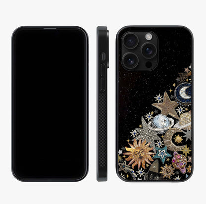 Cosmic Sparkle Dreams Glass Case displayed upright for full design visibility and premium finish.