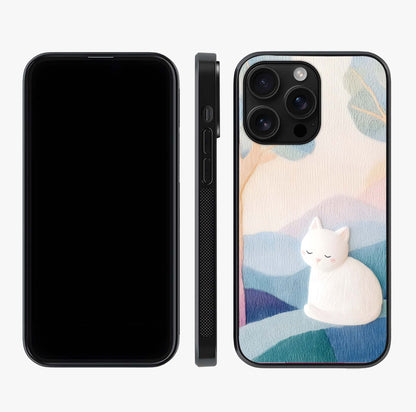 Cotton Dream Cat Glass Case displayed upright for full design visibility and premium finish.