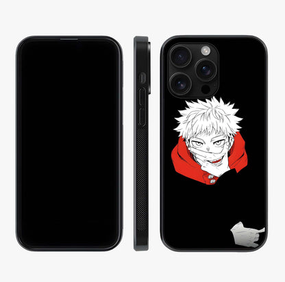 Crimson Chaos Smile Glass Case displayed upright for full design visibility and premium finish.