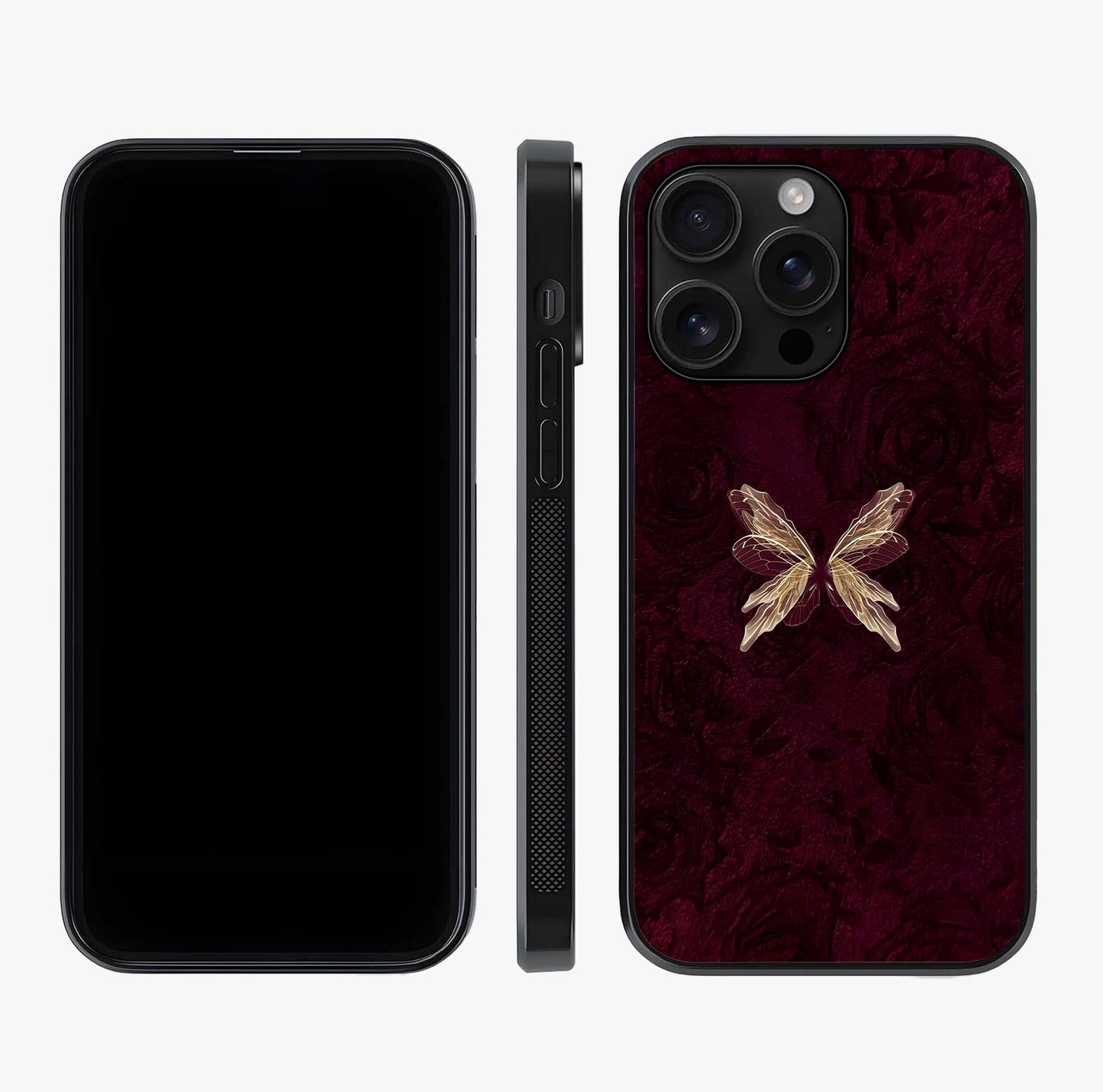 Crimson Fade Butterfly Glass Case displayed upright for full design visibility and premium finish.