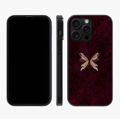 Crimson Fade Butterfly Glass Case displayed upright for full design visibility and premium finish.