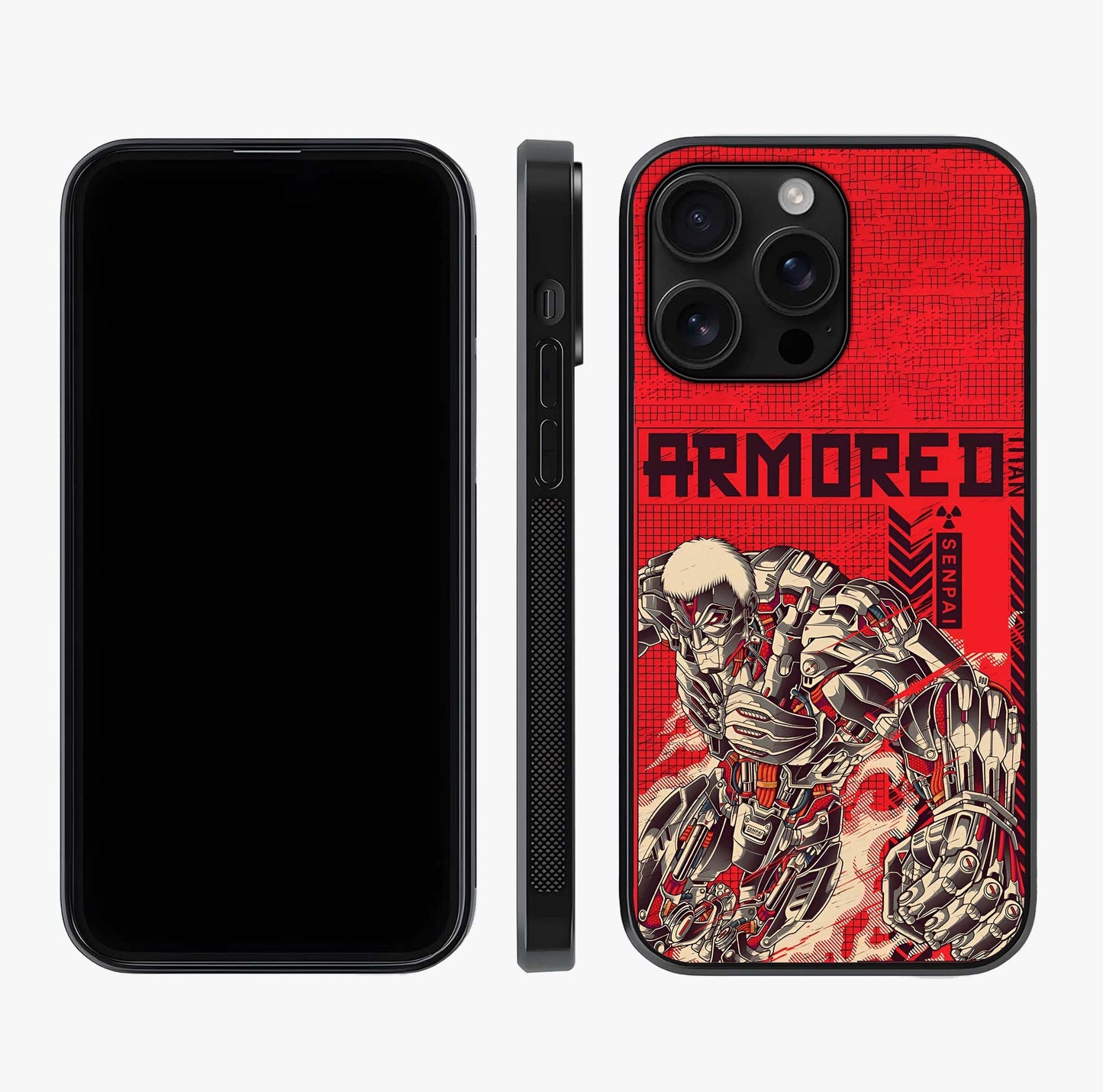 Crimson Mecha Titan Glass Case displayed upright for full design visibility and premium finish.
