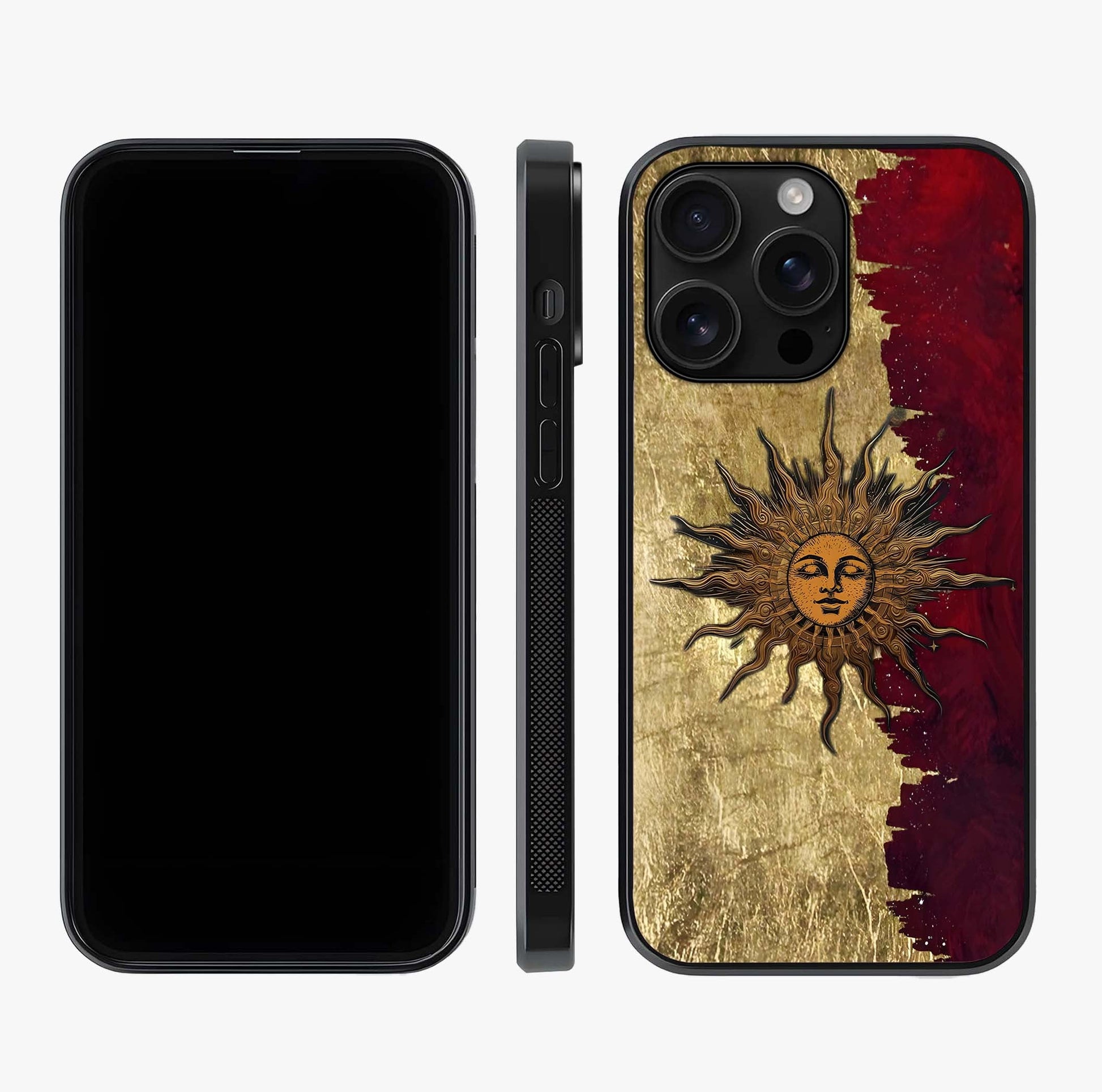 Crimson Sun Majesty Glass Case displayed upright for full design visibility and premium finish.