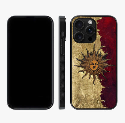 Crimson Sun Majesty Glass Case displayed upright for full design visibility and premium finish.