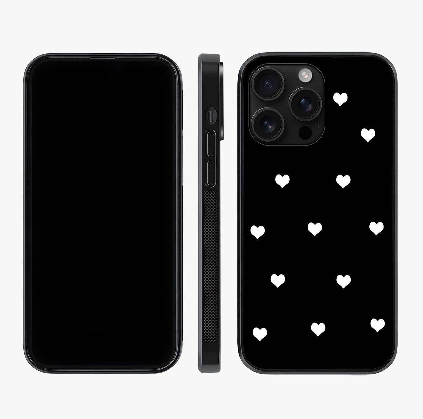 Cute And Simple White Hearts Glass Case displayed upright for full design visibility and premium finish.