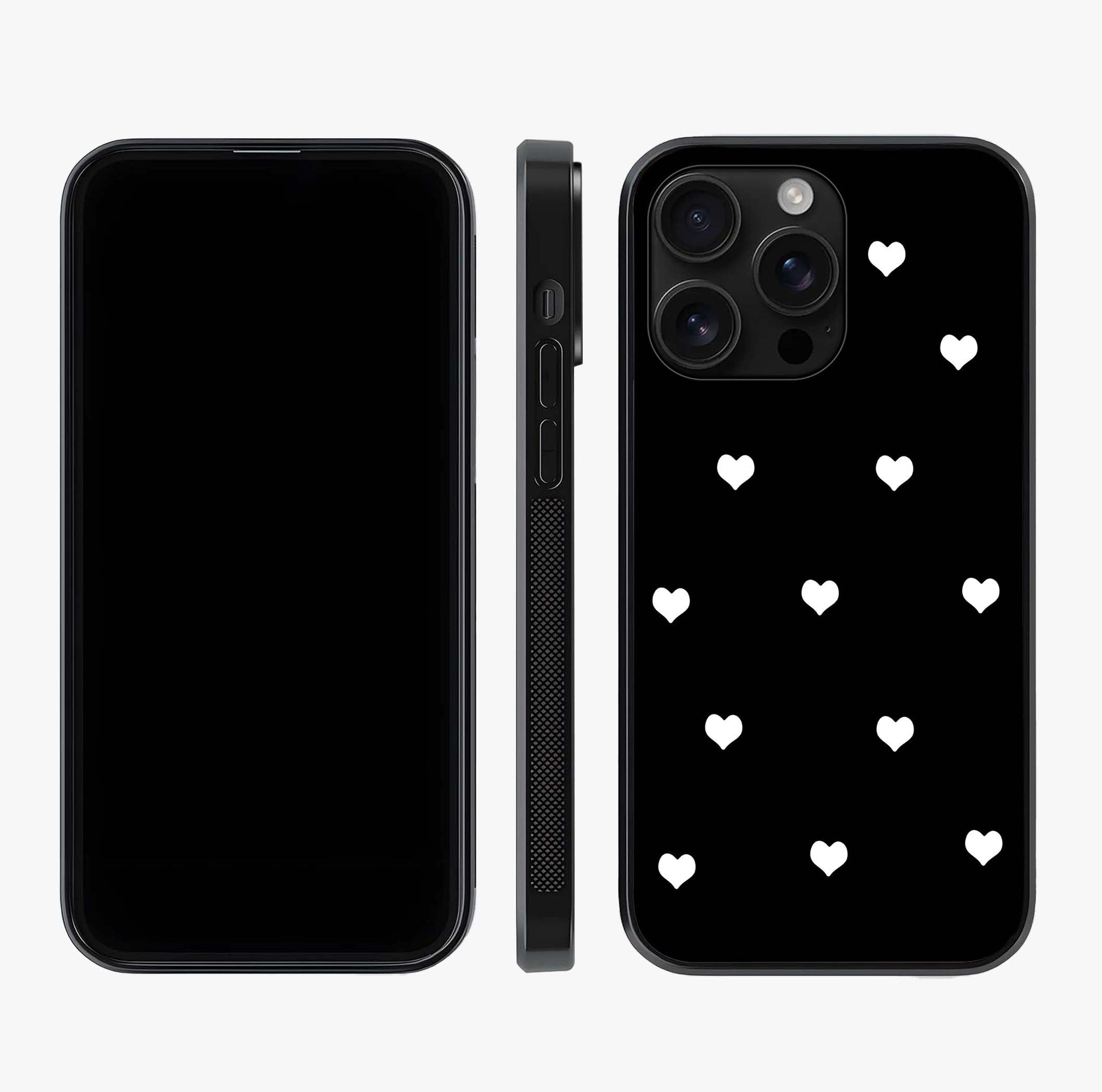Cute And Simple White Hearts Glass Case displayed upright for full design visibility and premium finish.