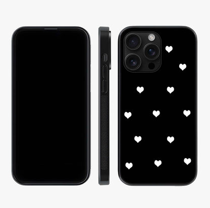 Cute And Simple White Hearts Glass Case displayed upright for full design visibility and premium finish.