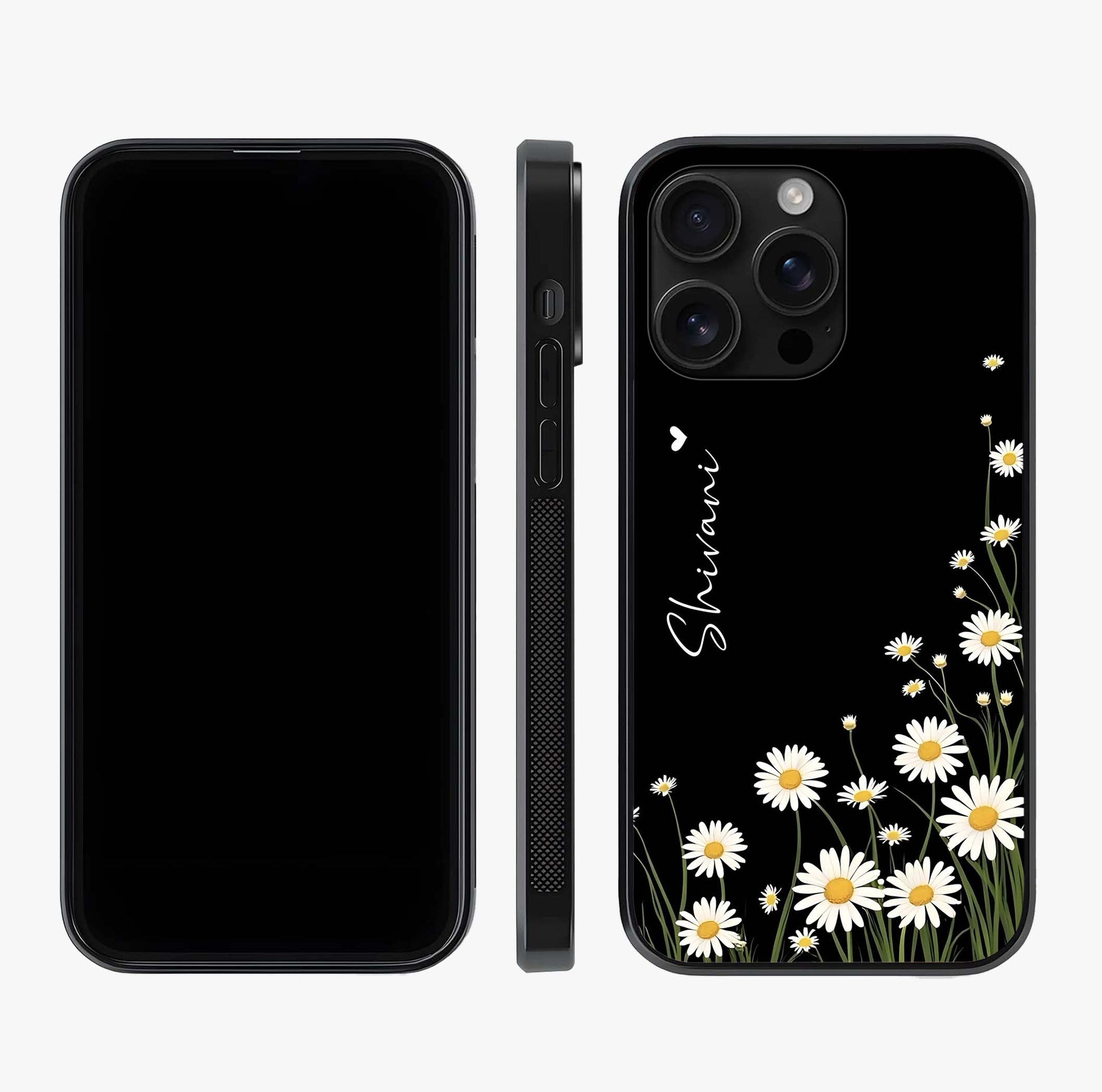 Daisy Cascade Custom Name Glass Case displayed upright for full design visibility and premium finish.