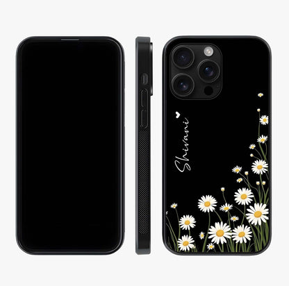 Daisy Cascade Custom Name Glass Case displayed upright for full design visibility and premium finish.