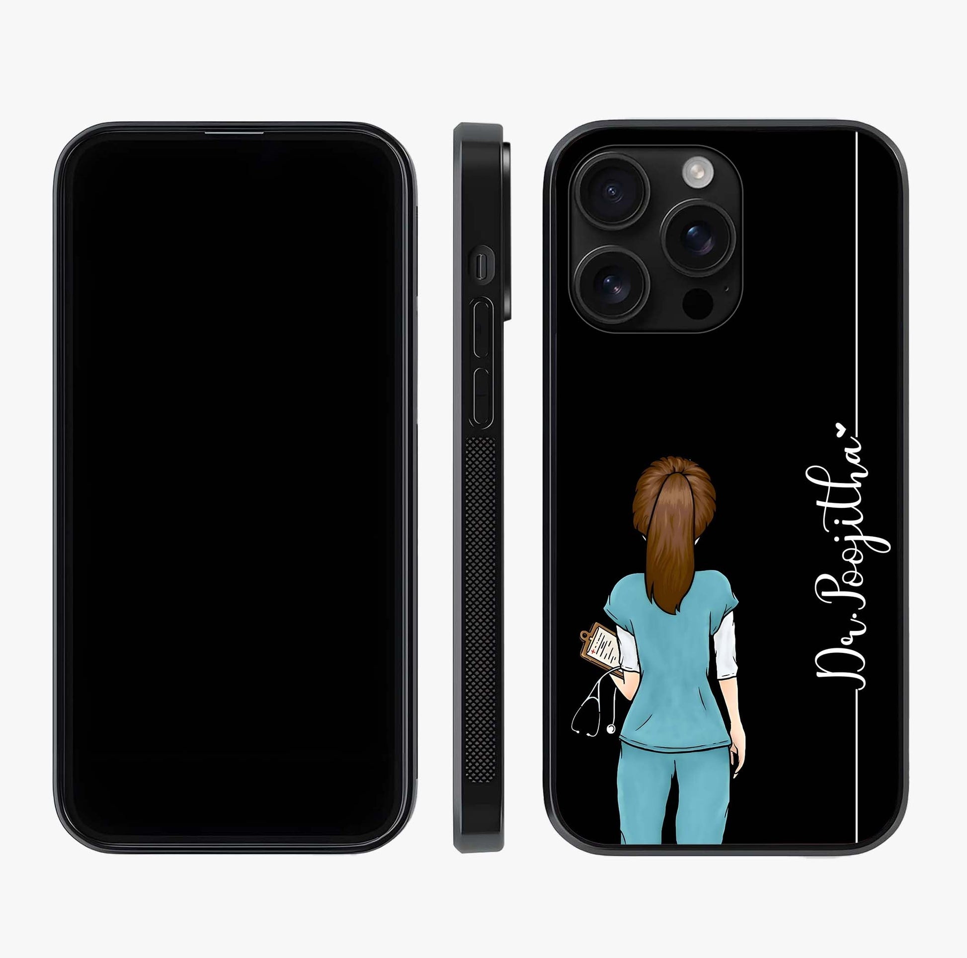 Doctor Pattern Custom Name Glass Case displayed upright for full design visibility and premium finish.
