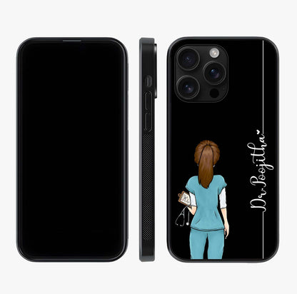 Doctor Pattern Custom Name Glass Case displayed upright for full design visibility and premium finish.