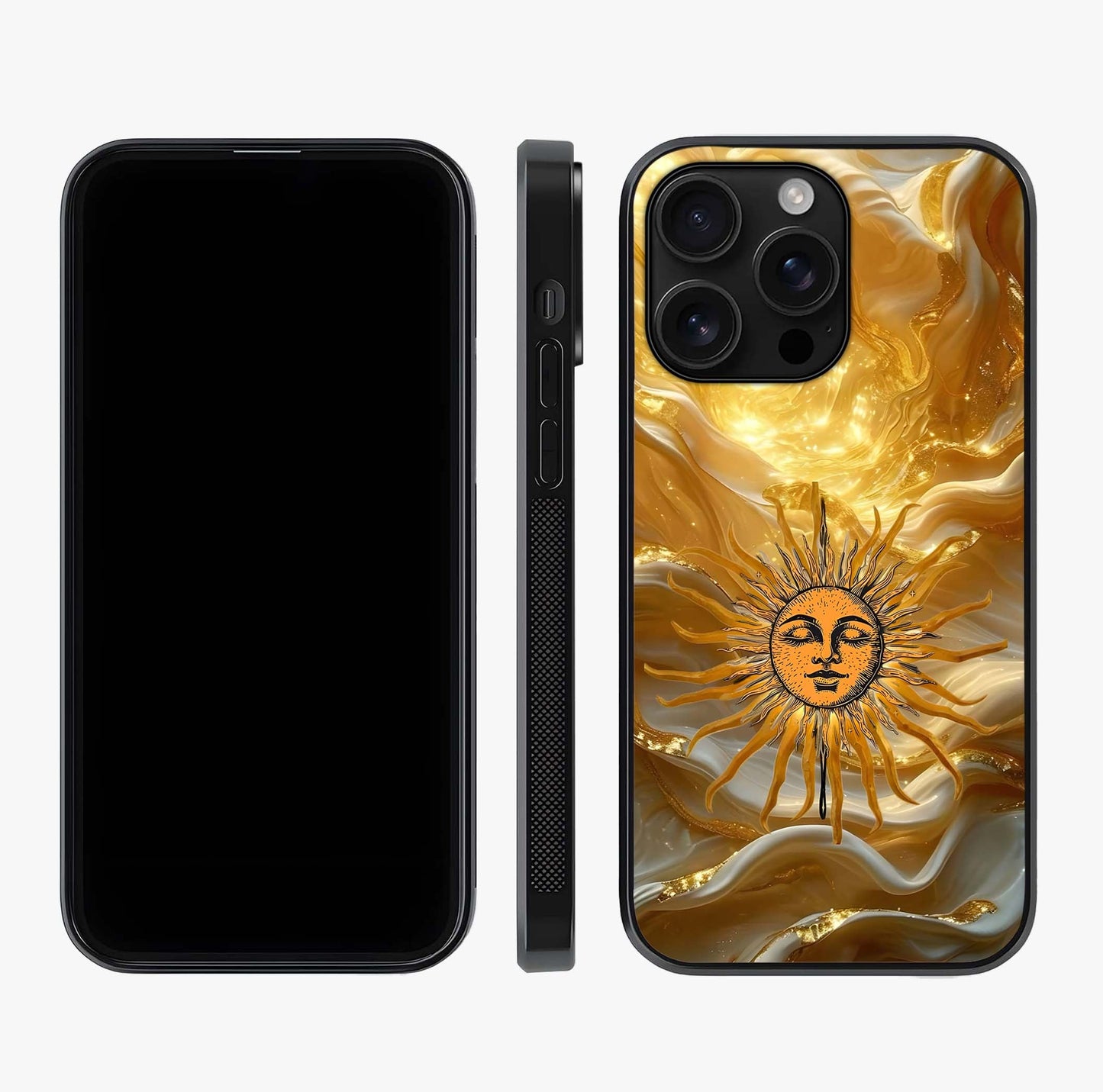 Eternal Golden Glow Glass Case displayed upright for full design visibility and premium finish.