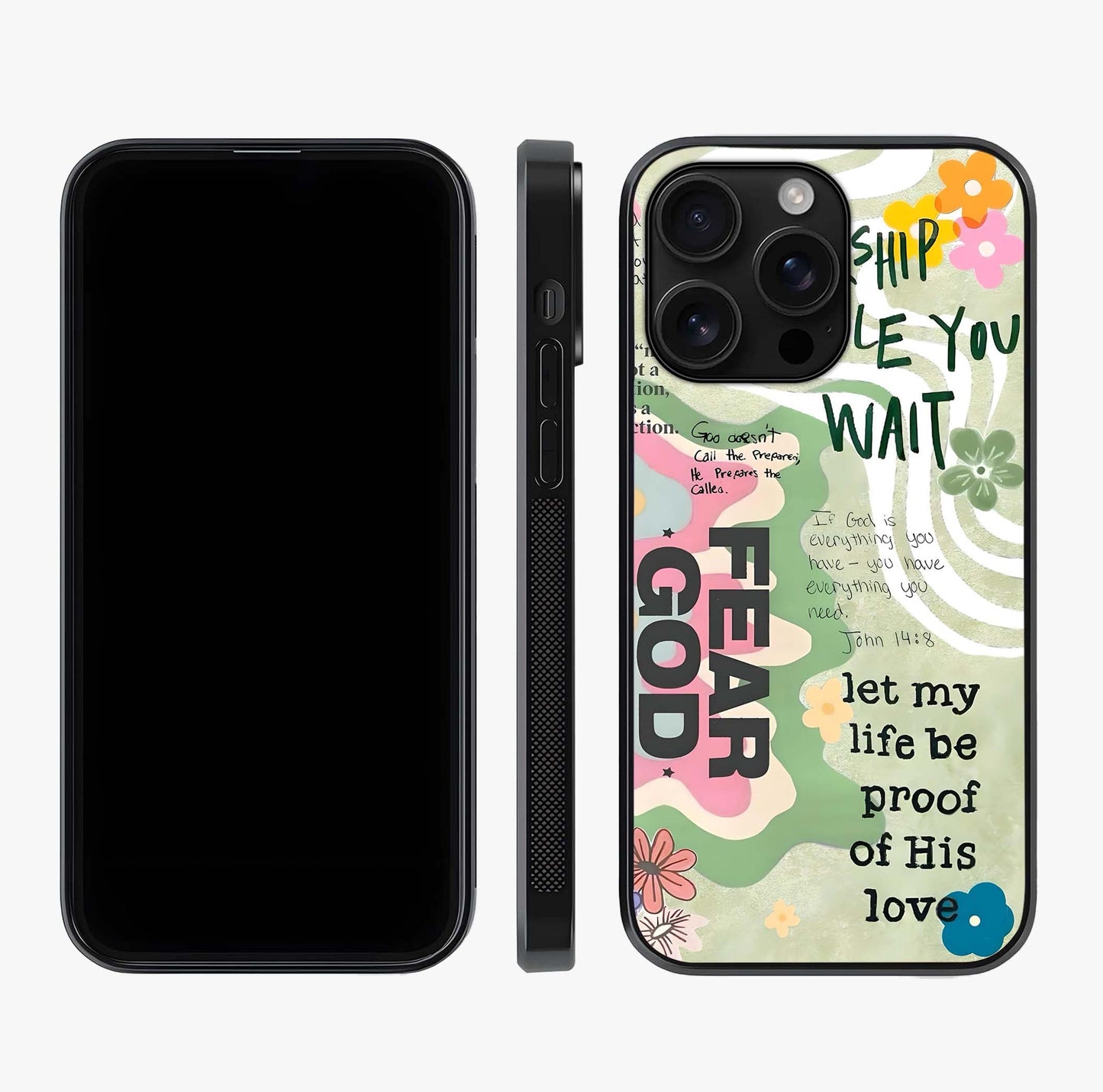 Faith Over Fear Glass Case displayed upright for full design visibility and premium finish.