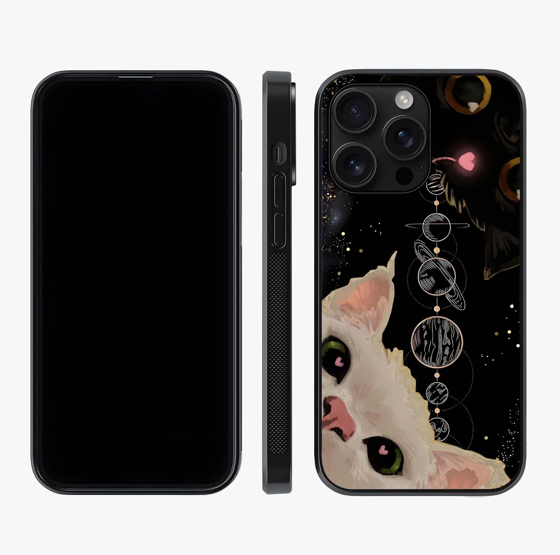 Galactic Cat Glass Case displayed upright for full design visibility and premium finish.