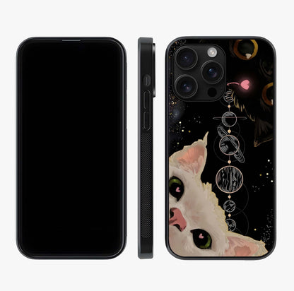 Galactic Cat Glass Case displayed upright for full design visibility and premium finish.