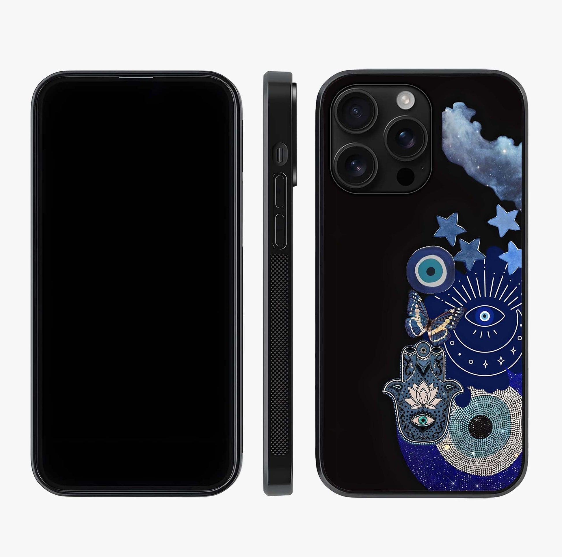 Galactic Charm Cluster Glass Case displayed upright for full design visibility and premium finish.
