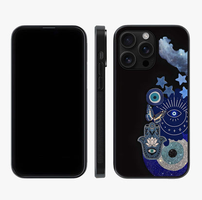 Galactic Charm Cluster Glass Case displayed upright for full design visibility and premium finish.