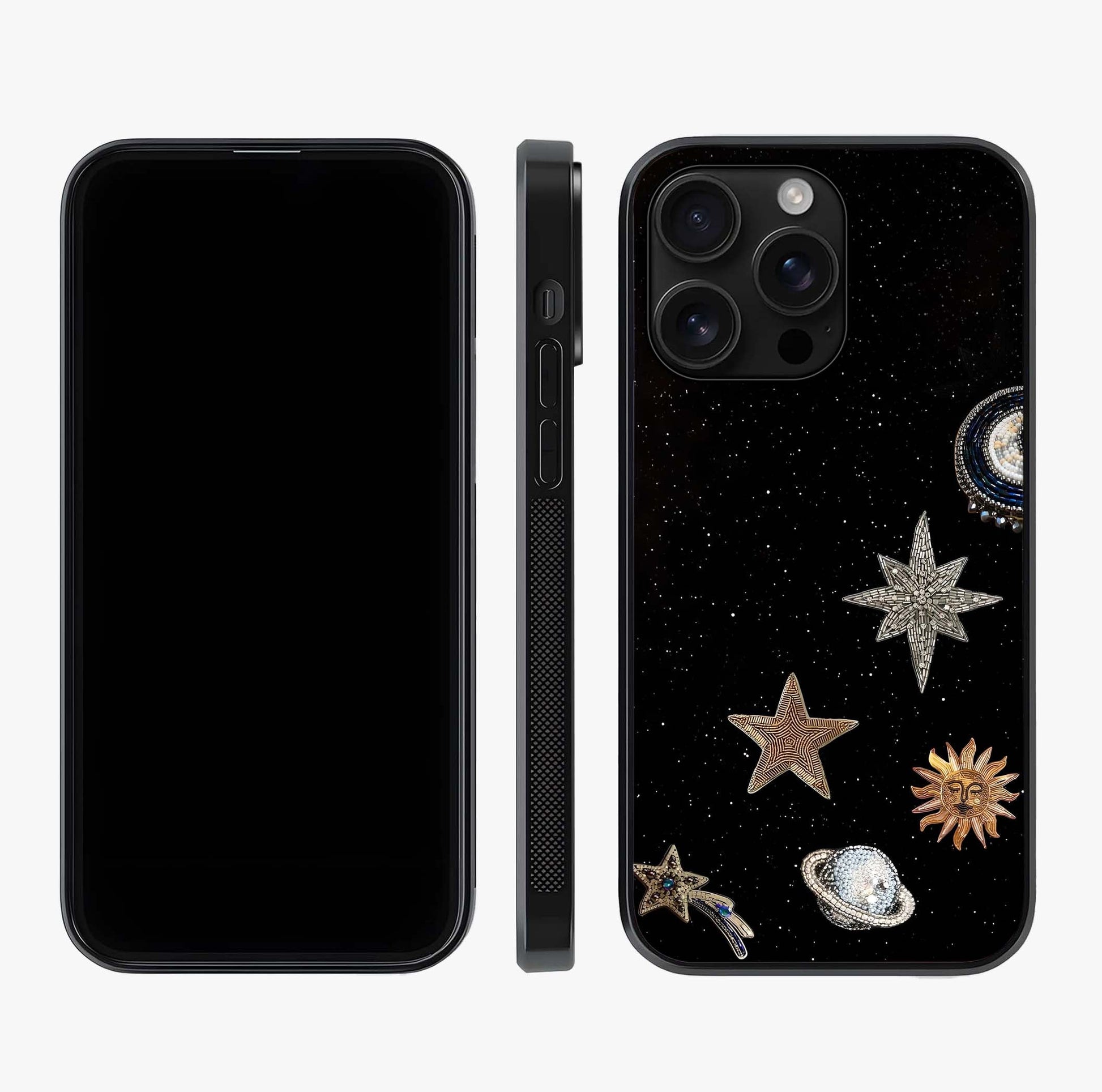 Galactic Charm Glow Glass Case displayed upright for full design visibility and premium finish.