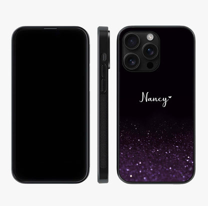 Glittery Purple Bokeh Custom Name Glass Case displayed upright for full design visibility and premium finish.