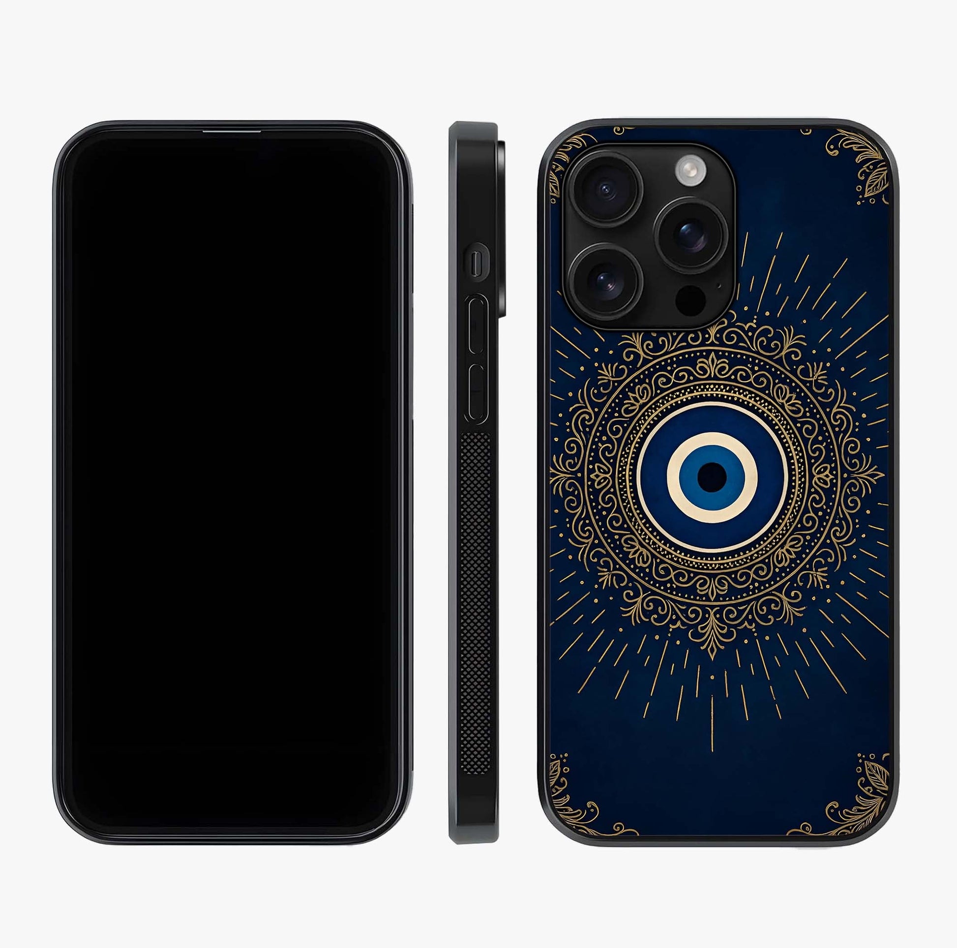 Golden Evil Eye Mandala Glass Case displayed upright for full design visibility and premium finish.