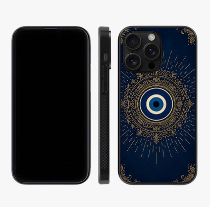 Golden Evil Eye Mandala Glass Case displayed upright for full design visibility and premium finish.