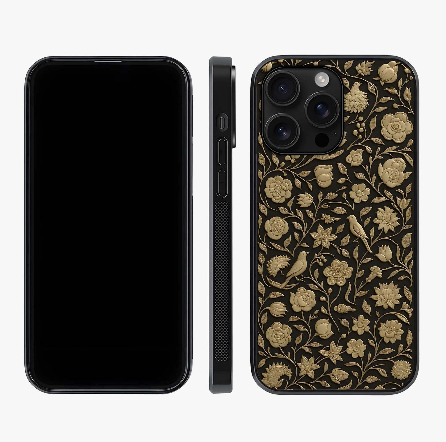 Golden Floral Majesty Glass Case displayed upright for full design visibility and premium finish.