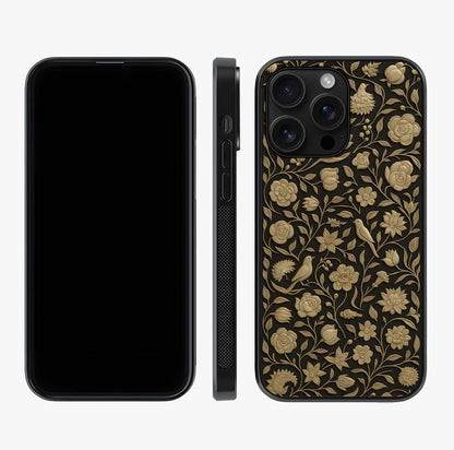 Golden Floral Majesty Glass Case displayed upright for full design visibility and premium finish.