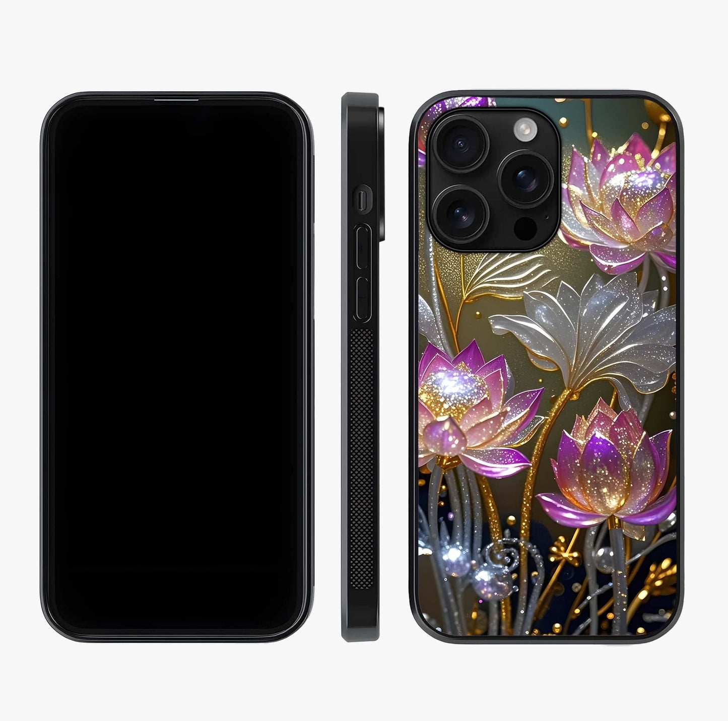 Golden Lotus Glow Glass Case displayed upright for full design visibility and premium finish.