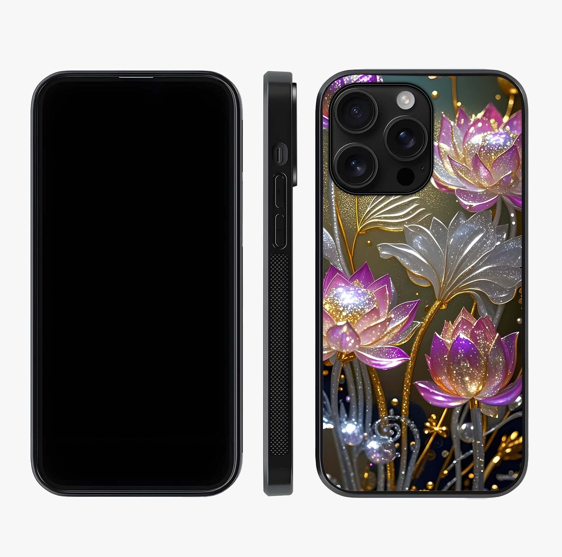 Golden Lotus Glow Glass Case displayed upright for full design visibility and premium finish.
