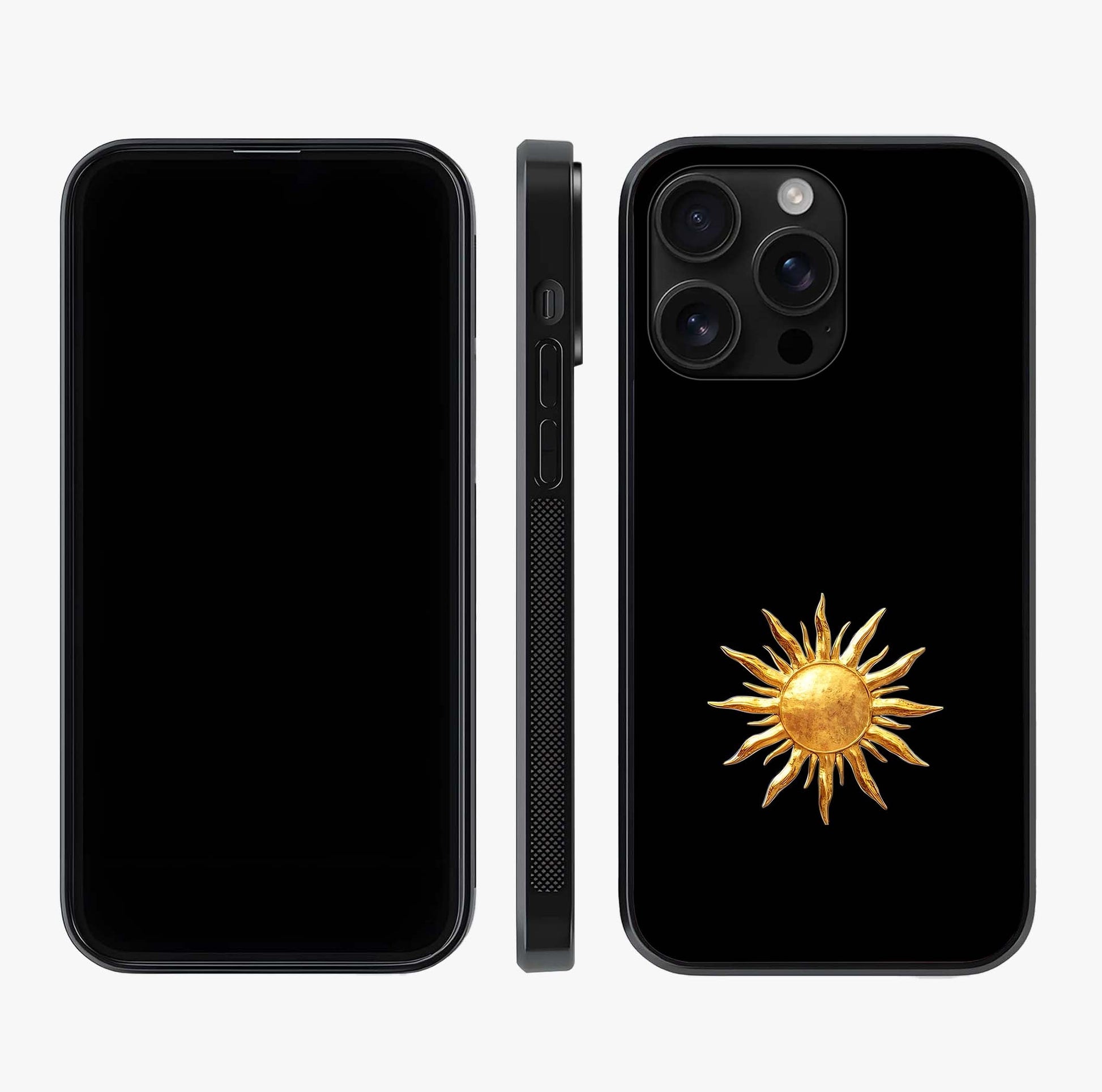 Golden Sun Minimalism Glass Case displayed upright for full design visibility and premium finish.