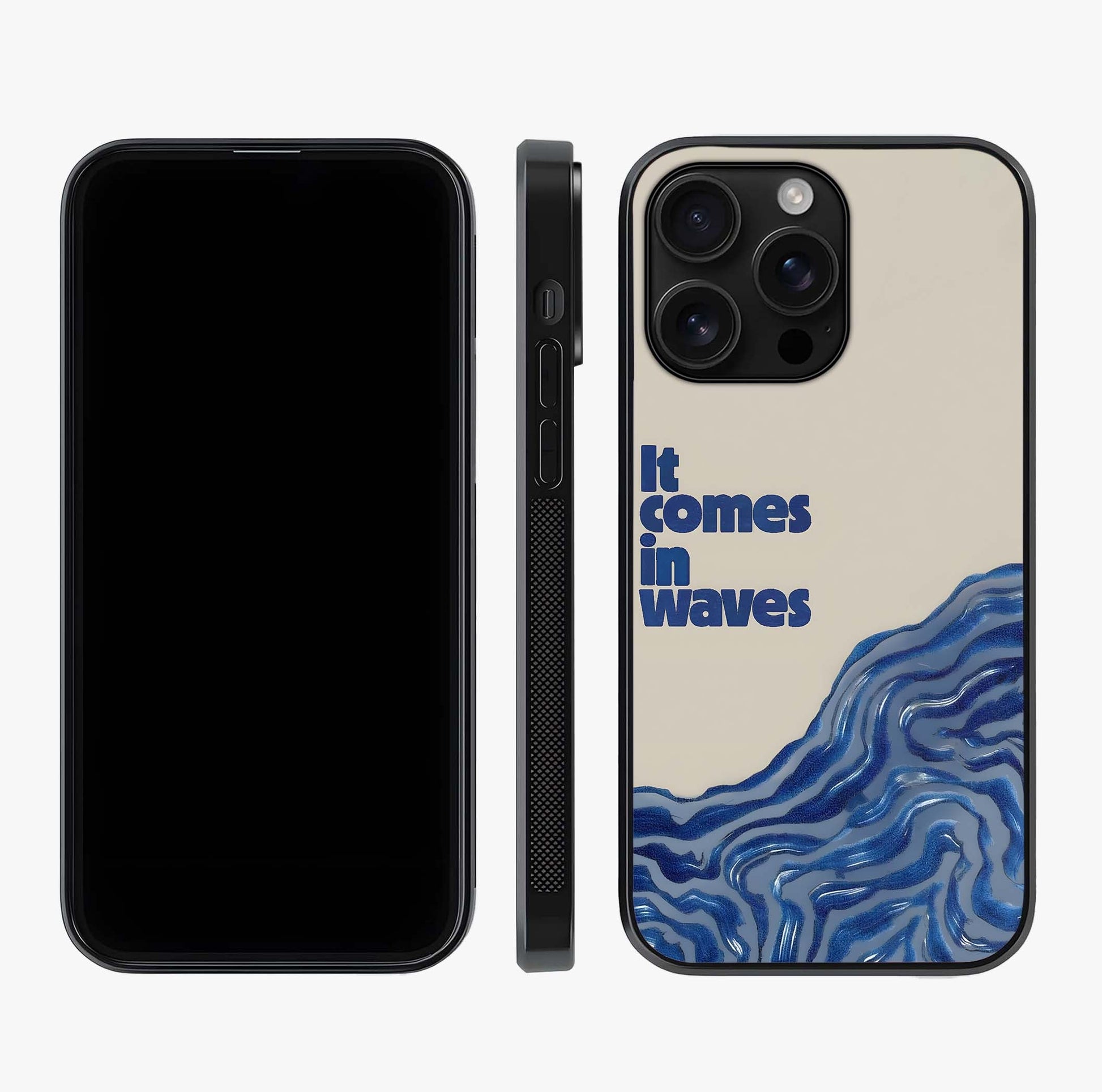 It Comes In Waves Quote Glass Case displayed upright for full design visibility and premium finish.