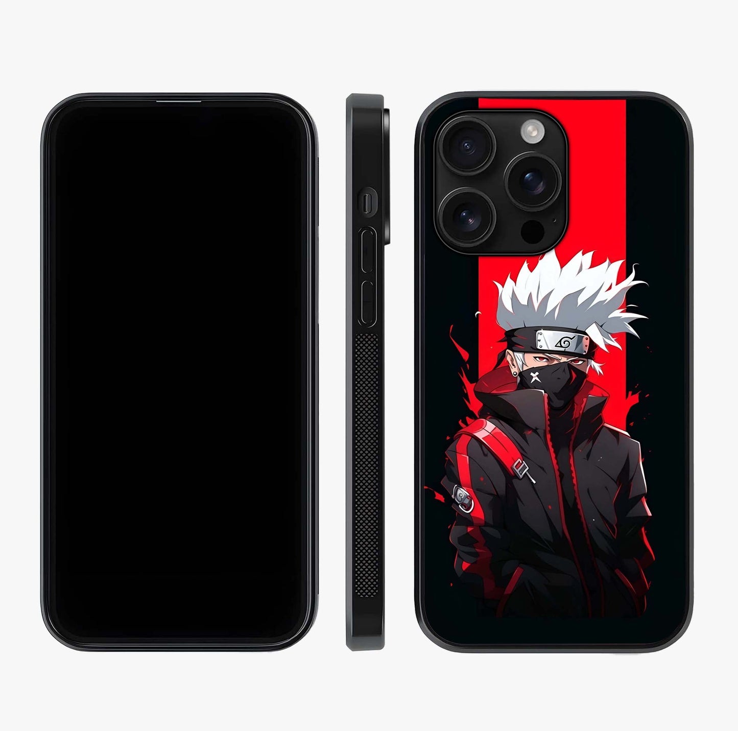 Kakashi Scarlet Shadow Glass Case displayed upright for full design visibility and premium finish.