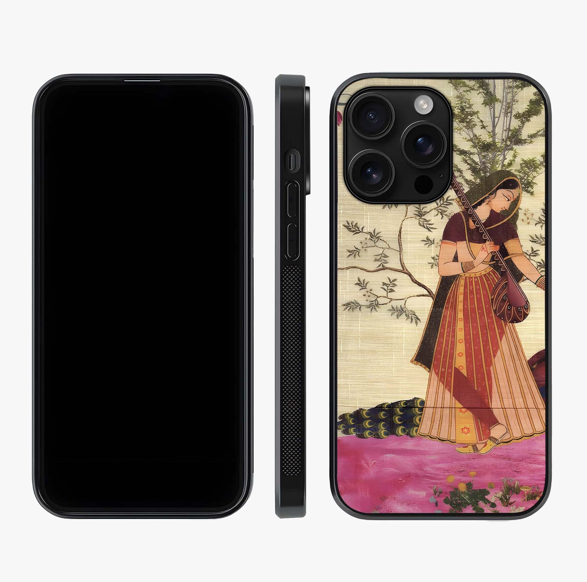 Lady With Veena Art Glass Case displayed upright for full design visibility and premium finish.