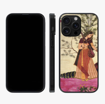 Lady With Veena Art Glass Case displayed upright for full design visibility and premium finish.