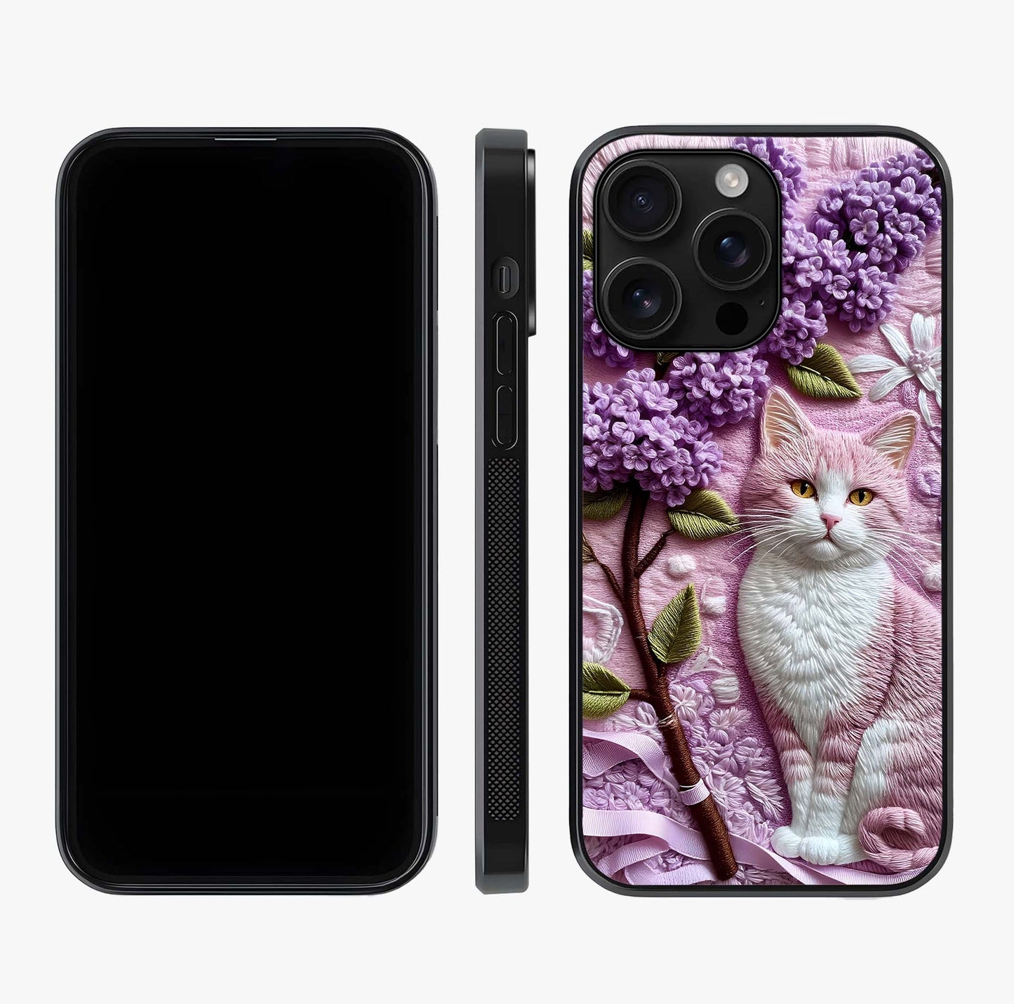 Lavender Cat Whimsy Glass Case displayed upright for full design visibility and premium finish.