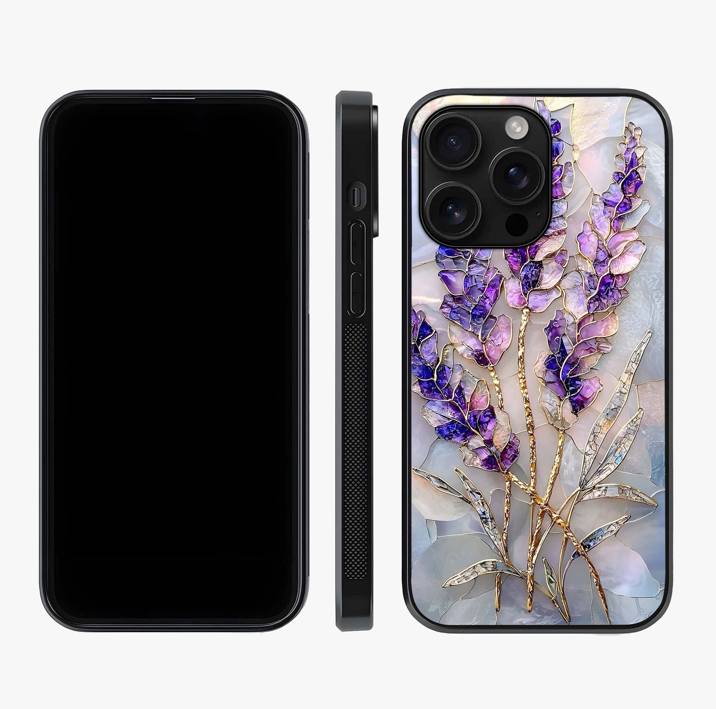 Lavender Dream Glow Glass Case displayed upright for full design visibility and premium finish.