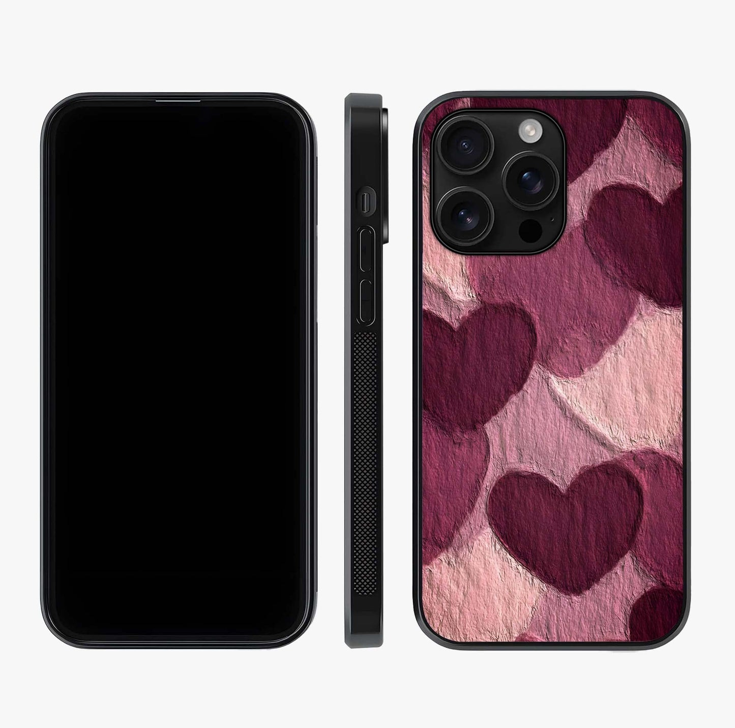 Layered Paper Hearts Glass Case displayed upright for full design visibility and premium finish.