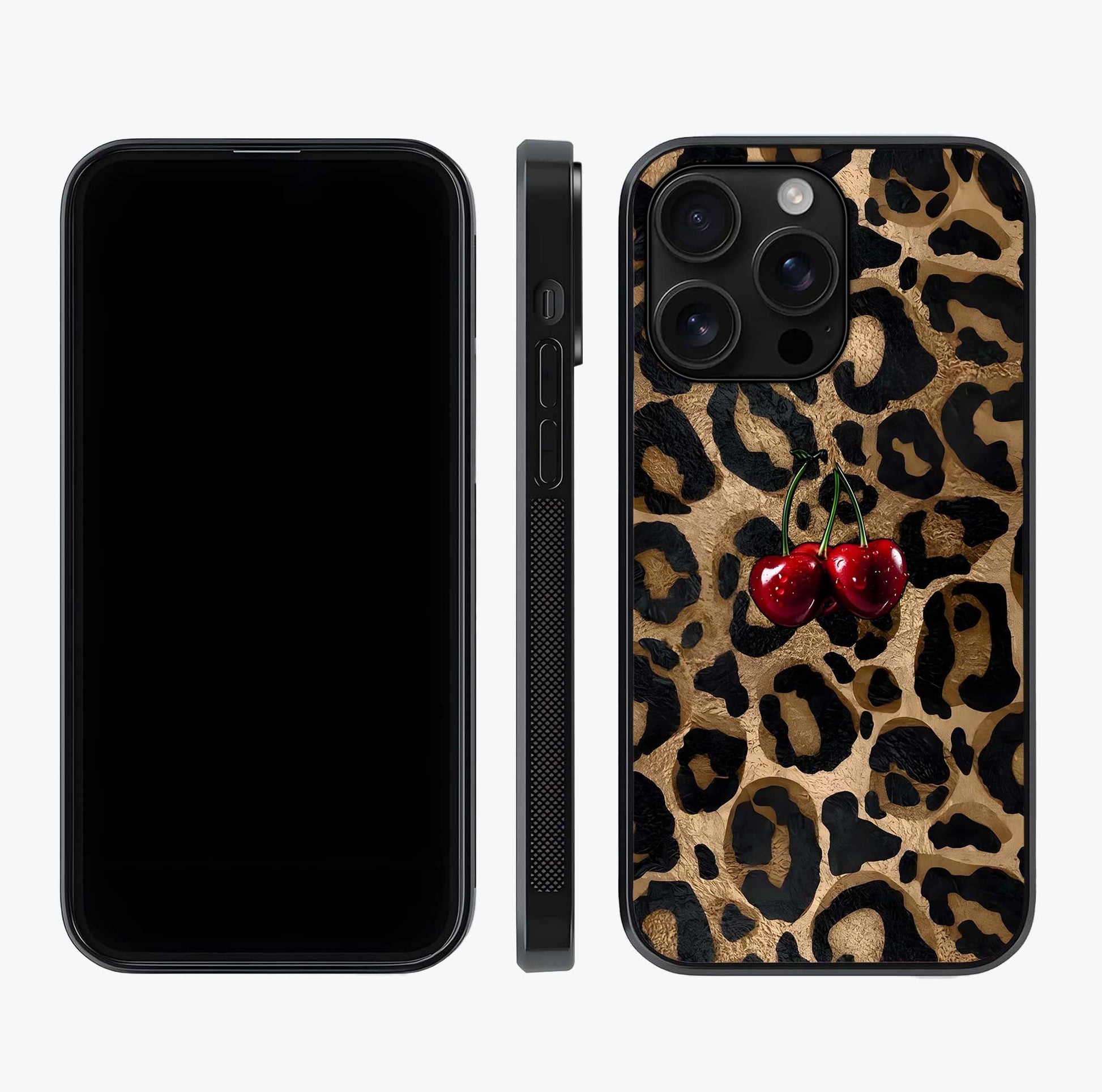 Leopard Wild Cherry Glass Case displayed upright for full design visibility and premium finish.